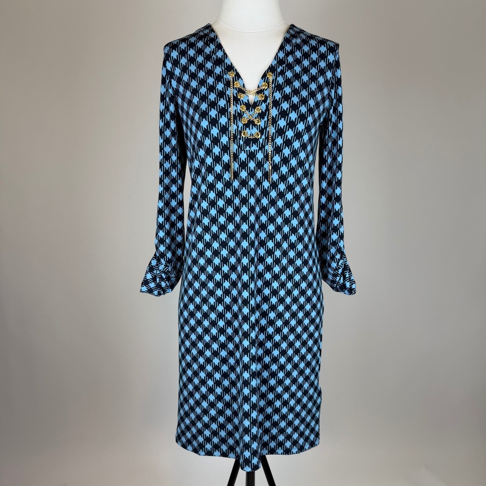 Michael Kors Blue/Black Houndstooth Chain Lace Up Shift Dress Womens XS Stretch